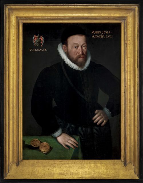 civic portrait of a gentleman in a doublet beside a table with a clock dated 1595 circle of frans pourbus the elder 15451581 oil on panel painting - CATEGORY: ANTIQUE ART - DATED 16TH CENTURY