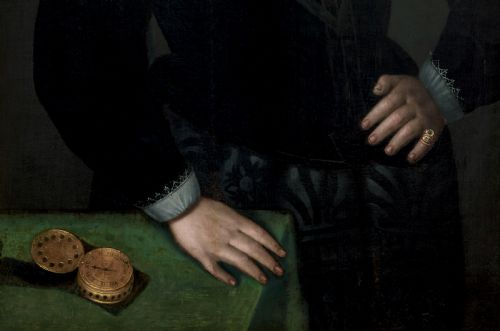 CIVIC PORTRAIT OF A GENTLEMAN IN A DOUBLET BESIDE A TABLE WITH A CLOCK DATED 1595 CIRCLE OF FRANS POURBUS THE ELDER 15451581 OIL ON PANEL PAINTING - ADDITIONAL PHOTO 6