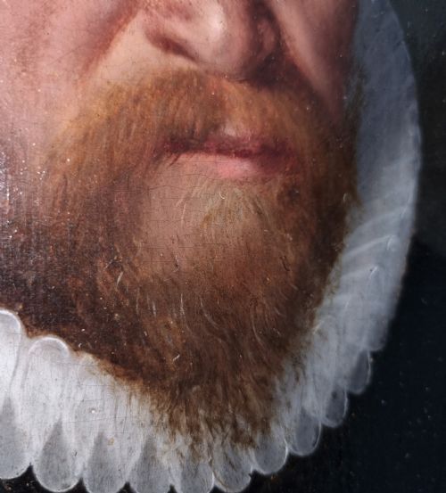 CIVIC PORTRAIT OF A GENTLEMAN IN A DOUBLET BESIDE A TABLE WITH A CLOCK DATED 1595 CIRCLE OF FRANS POURBUS THE ELDER 15451581 OIL ON PANEL PAINTING - ADDITIONAL PHOTO 7