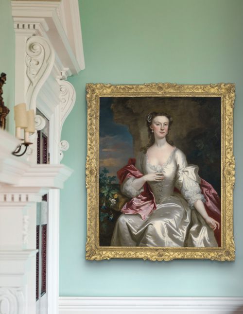 PORTRAIT OF A LADY IN A WHITE SILK DRESS RED DRAPERY SIGNED AND DATED 1739 JOHN VANDERBANK 16941739 OIL ON CANVAS PAINTING - ADDITIONAL PHOTO 1