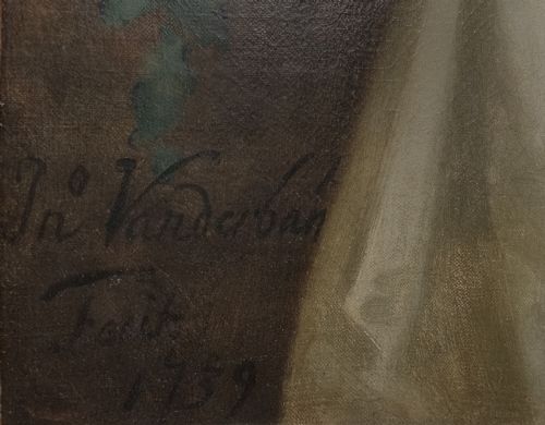 PORTRAIT OF A LADY IN A WHITE SILK DRESS RED DRAPERY SIGNED AND DATED 1739 JOHN VANDERBANK 16941739 OIL ON CANVAS PAINTING - ADDITIONAL PHOTO 2