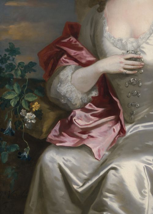 PORTRAIT OF A LADY IN A WHITE SILK DRESS RED DRAPERY SIGNED AND DATED 1739 JOHN VANDERBANK 16941739 OIL ON CANVAS PAINTING - ADDITIONAL PHOTO 7