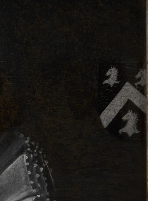 PORTRAIT OF SIR EDWARD EAST 15841657 LATER 1ST BARONET OF RADNAGE IN A BLACK DOUBLET AND LACE RUFF WITH THE ARMS OF THE EAST FAMILY ENGLISH SCHOOL C16051615 OIL ON PANEL PAINTING - ADDITIONAL PHOTO 4