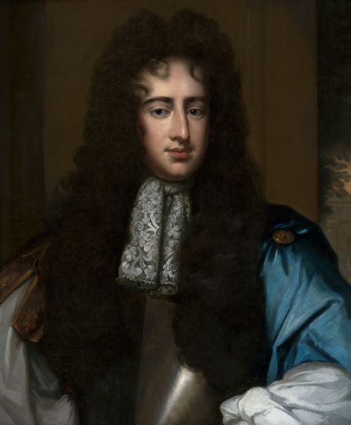 fig 5. An oil portrait depicting a gentleman in a long dark wig, lace cravat, and blue cloak, presented within an ornate carved giltwood frame.