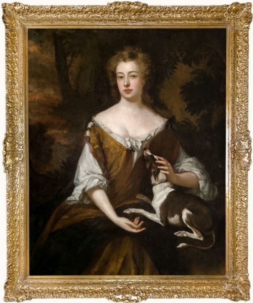 portrait of an elegant lady with her pet dog c16901700 studio of sir godfrey kneller 16461723 oil on canvas - CATEGORY: ANTIQUE ART - DATED 17TH CENTURY