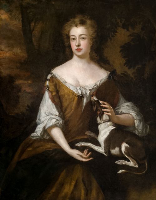 PORTRAIT OF AN ELEGANT LADY WITH HER PET DOG C16901700 STUDIO OF SIR GODFREY KNELLER 16461723 OIL ON CANVAS - ADDITIONAL PHOTO 1