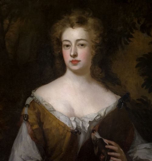 PORTRAIT OF AN ELEGANT LADY WITH HER PET DOG C16901700 STUDIO OF SIR GODFREY KNELLER 16461723 OIL ON CANVAS - ADDITIONAL PHOTO 2