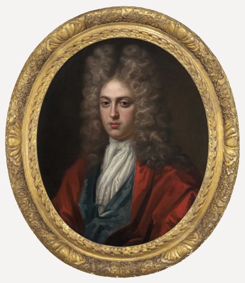 portrait of a gentleman in a red coat and periwig c17151725 studio of sir godfrey kneller 16461723 oil on canvas painting - CATEGORY: ANTIQUE ART - DATED 18TH CENTURY