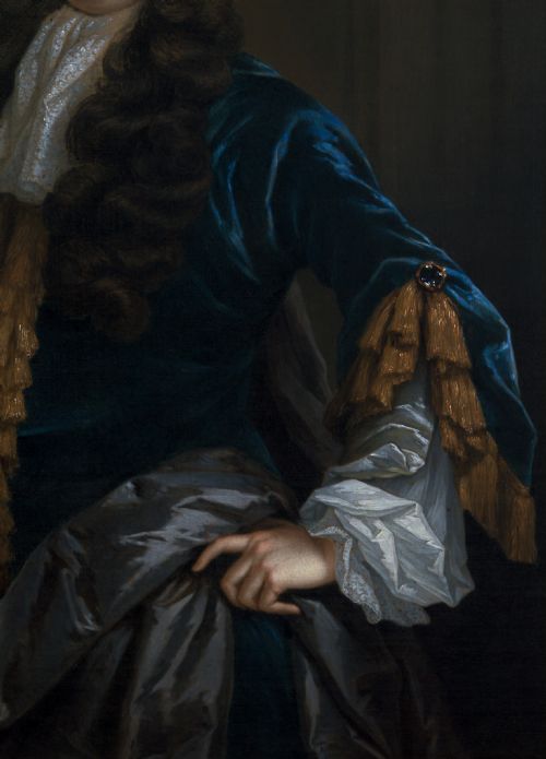 PORTRAIT OF A GENTLEMAN IN BLUE COAT STANDING BY CURTAIN C1695 ATTRIBUTED TO CONSTANTYN NETSCHER C1668C1723 OIL ON CANVAS PAINTING - ADDITIONAL PHOTO 8