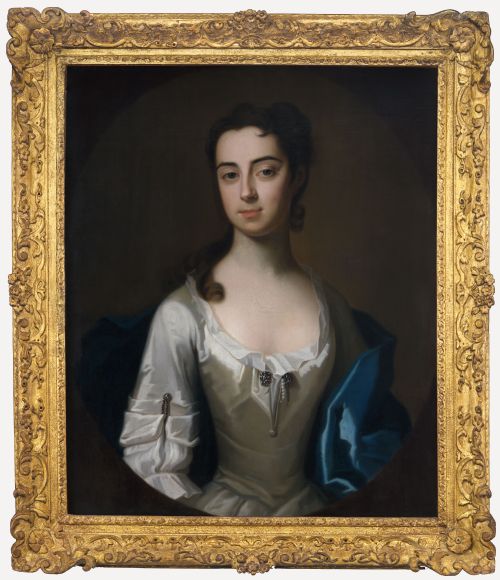 portrait of jane harris later mrs bigg in a white dress and blue mantle c1731 by enoch seeman the younger c16941745 oil on canvas painting - CATEGORY: ANTIQUE ART - DATED 18TH CENTURY