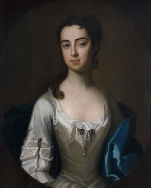 PORTRAIT OF JANE HARRIS LATER MRS BIGG IN A WHITE DRESS AND BLUE MANTLE C1731 BY ENOCH SEEMAN THE YOUNGER C16941745 OIL ON CANVAS PAINTING - ADDITIONAL PHOTO 4