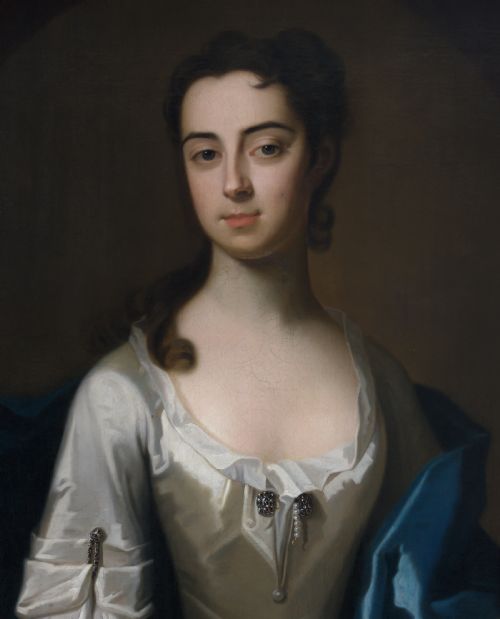 PORTRAIT OF JANE HARRIS LATER MRS BIGG IN A WHITE DRESS AND BLUE MANTLE C1731 BY ENOCH SEEMAN THE YOUNGER C16941745 OIL ON CANVAS PAINTING - ADDITIONAL PHOTO 5