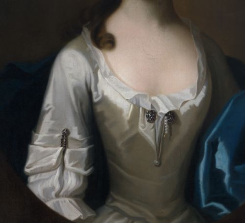 PORTRAIT OF JANE HARRIS LATER MRS BIGG IN A WHITE DRESS AND BLUE MANTLE C1731 BY ENOCH SEEMAN THE YOUNGER C16941745 OIL ON CANVAS PAINTING - ADDITIONAL PHOTO 6