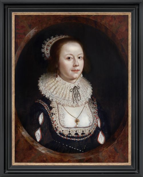PORTRAIT OF A LADY MARY HAMMOND IN SUMPTUOUS ATTIRE JEWELS AND LACE C161822 CIRCLE OF CORNELIUS JOHNSON 15931661 OIL ON PANEL PAINTING