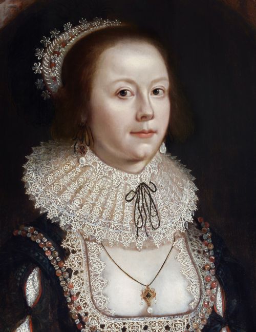 PORTRAIT OF A LADY MARY HAMMOND IN SUMPTUOUS ATTIRE JEWELS AND LACE C161822 CIRCLE OF CORNELIUS JOHNSON 15931661 OIL ON PANEL PAINTING - ADDITIONAL PHOTO 4