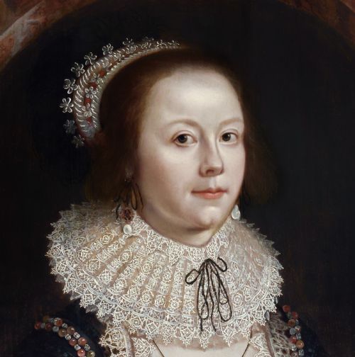 PORTRAIT OF A LADY MARY HAMMOND IN SUMPTUOUS ATTIRE JEWELS AND LACE C161822 CIRCLE OF CORNELIUS JOHNSON 15931661 OIL ON PANEL PAINTING - ADDITIONAL PHOTO 5