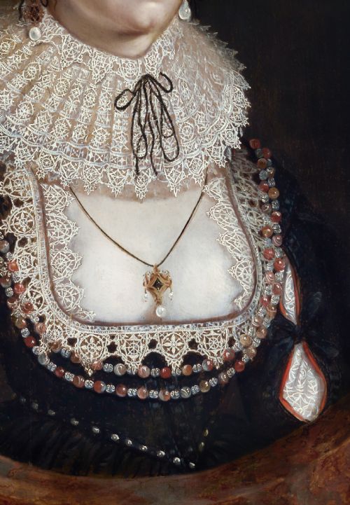 PORTRAIT OF A LADY MARY HAMMOND IN SUMPTUOUS ATTIRE JEWELS AND LACE C161822 CIRCLE OF CORNELIUS JOHNSON 15931661 OIL ON PANEL PAINTING - ADDITIONAL PHOTO 8