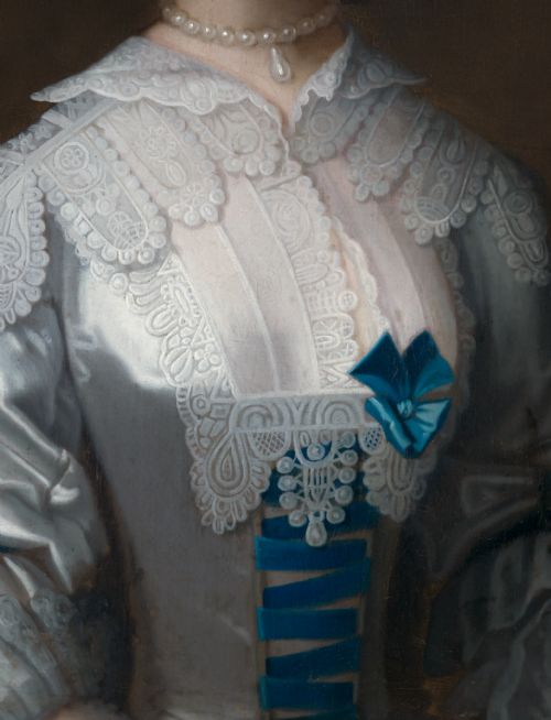 PORTRAIT OF A LADY IN A WHITE SILK DRESS WITH BLUE RIBBON BOWS C17451755 ATTRIBUTED TO HENRY PICKERING FL C17401771 OIL ON CANVAS PAINTING - ADDITIONAL PHOTO 5