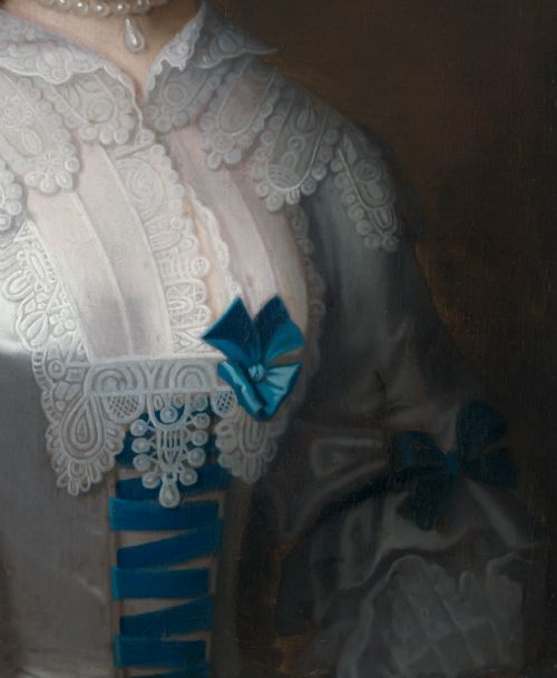 PORTRAIT OF A LADY IN A WHITE SILK DRESS WITH BLUE RIBBON BOWS C17451755 ATTRIBUTED TO HENRY PICKERING FL C17401771 OIL ON CANVAS PAINTING - ADDITIONAL PHOTO 6