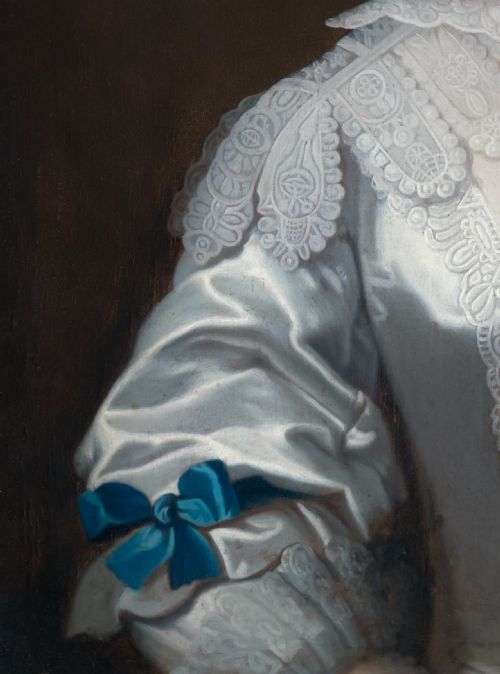PORTRAIT OF A LADY IN A WHITE SILK DRESS WITH BLUE RIBBON BOWS C17451755 ATTRIBUTED TO HENRY PICKERING FL C17401771 OIL ON CANVAS PAINTING - ADDITIONAL PHOTO 7