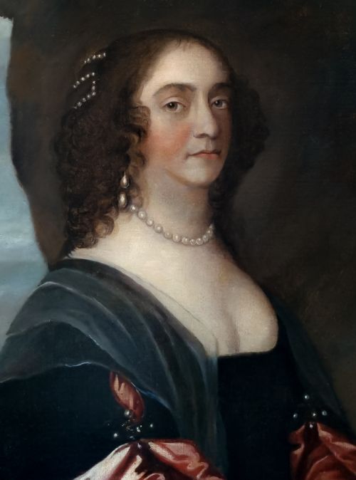 PORTRAIT OF A LADY IN A BLACK DRESS WITH RED SATIN SLEEVES AND PEARLS C16601680 CIRCLE OF SIR PETER LELY OIL ON CANVAS PAINTING - ADDITIONAL PHOTO 3