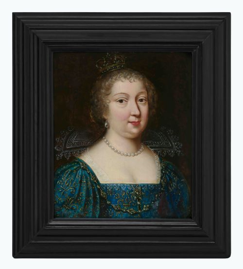 PORTRAIT OF A LADY MARIA THERESE OF SPAIN QUEEN OF FRANCE 17TH CENTURY CIRCLE OF HENRI AND CHARLES BEAUBRUN OIL ON PANEL PAINTING