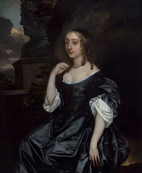 fig 3. A seventeenth-century oil portrait of a lady in a black gown with pearl jewellery, presented in an ebonised and gilt cornered timber frame.
