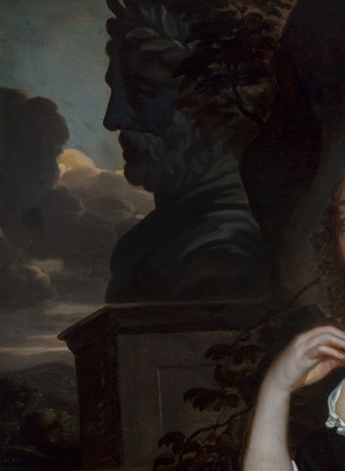 fig 5. A seventeenth-century oil portrait of a lady in a black gown with pearl jewellery, presented in an ebonised and gilt cornered timber frame.