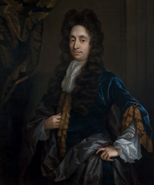fig 2. A late 17th-century oil painting depicting a gentleman in a blue coat, lace cravat, and dark wig, housed within an carved giltwood frame.