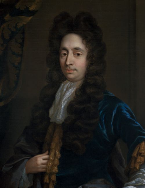 fig 3. A late 17th-century oil painting depicting a gentleman in a blue coat, lace cravat, and dark wig, housed within an carved giltwood frame.