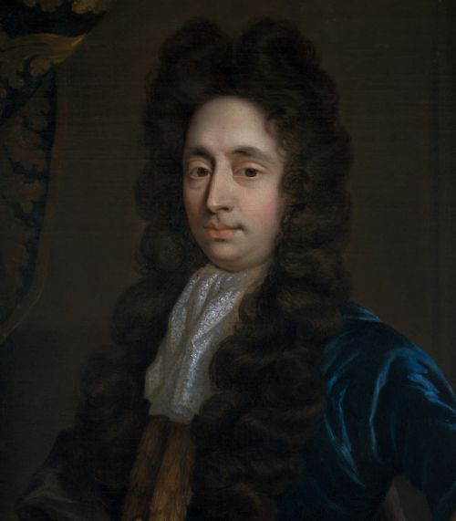 fig 4. A late 17th-century oil painting depicting a gentleman in a blue coat, lace cravat, and dark wig, housed within an carved giltwood frame.