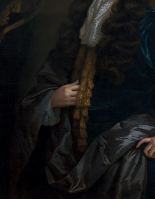 fig 6. A late 17th-century oil painting depicting a gentleman in a blue coat, lace cravat, and dark wig, housed within an carved giltwood frame.