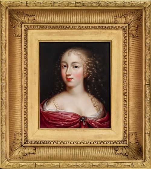 fig 1. A 17th-century oil portrait painting depicting a young woman with dark ringlets, fair skin, and a crimson gown pinned with a pearl brooch against a dark background.