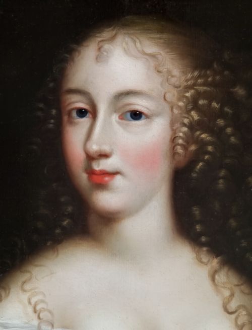 fig 4. A 17th-century oil portrait painting depicting a young woman with dark ringlets, fair skin, and a crimson gown pinned with a pearl brooch against a dark background.
