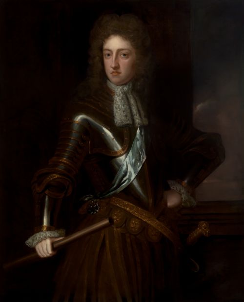 fig 1. A 17th-century oil painting depicting a gentleman in plate armour and a long wig inside an ornate gilded wooden frame.