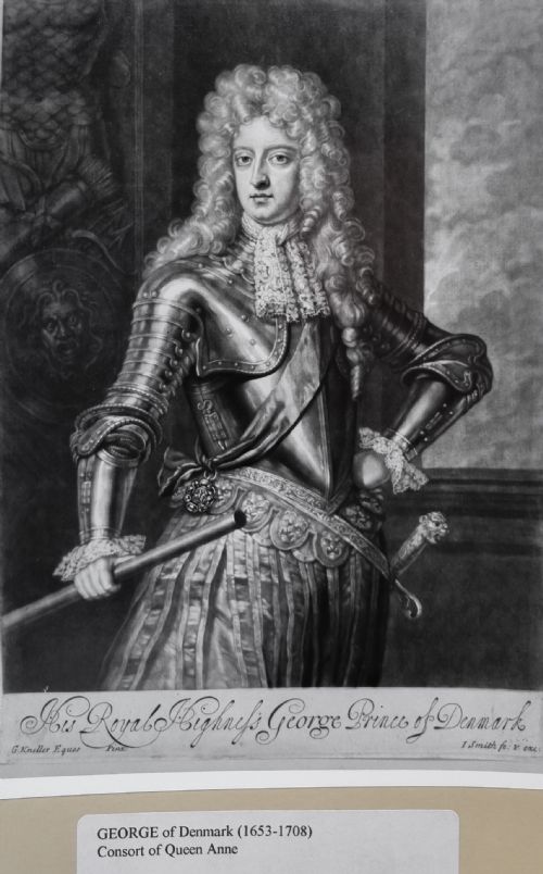 fig 2. A 17th-century oil painting depicting a gentleman in plate armour and a long wig inside an ornate gilded wooden frame.