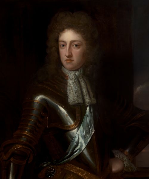 fig 3. A 17th-century oil painting depicting a gentleman in plate armour and a long wig inside an ornate gilded wooden frame.