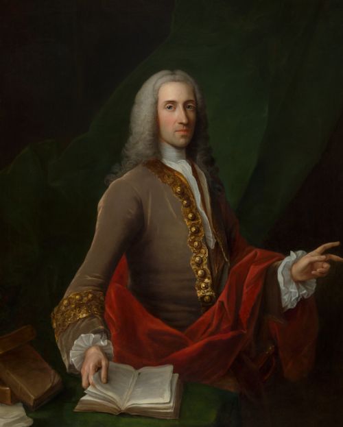 fig 3. An 18th-century oil portrait depicting a wigged gentleman in a brown coat seated beside open books, enclosed in a carved giltwood frame.