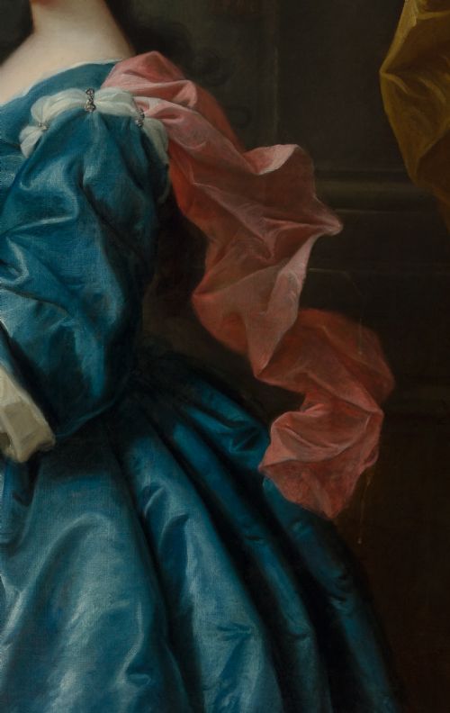 fig 5. An 18th-century oil painting depicting a woman in a blue satin dress beside a potted orange tree, framed in carved giltwood.