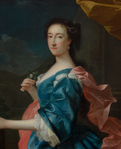fig 6. An 18th-century oil painting depicting a woman in a blue satin dress beside a potted orange tree, framed in carved giltwood.