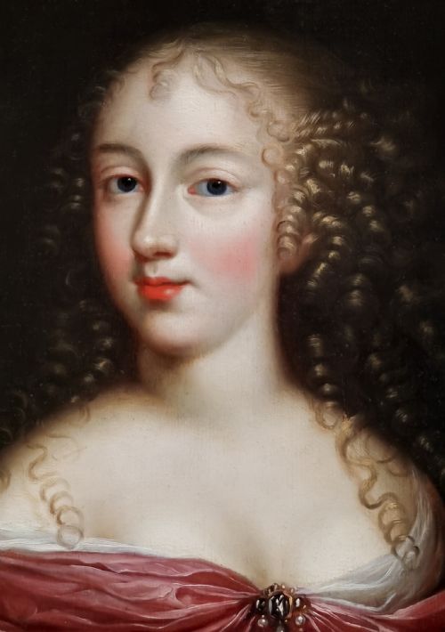 fig 4. A seventeenth-century Baroque oil painting on wood panel depicting a portrait of a woman in a red gown inside an elaborate gilded frame.