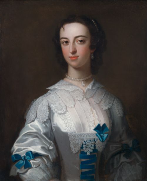fig 2. A half-length mid-18th-century oil portrait of a lady wearing a white lace-trimmed silk gown decorated with blue ribbons, set within a carved giltwood frame.