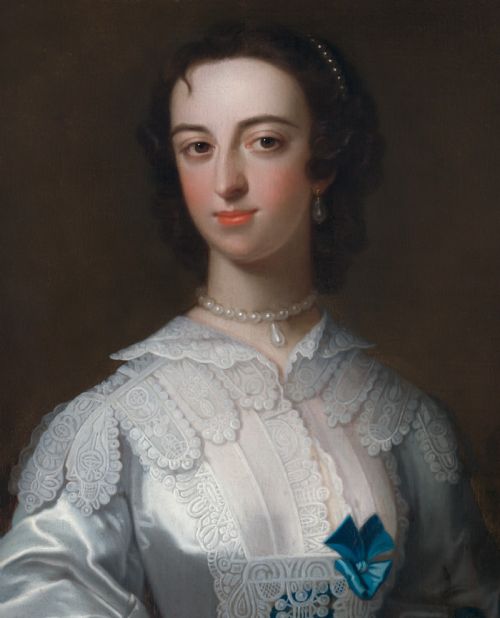 fig 3. A half-length mid-18th-century oil portrait of a lady wearing a white lace-trimmed silk gown decorated with blue ribbons, set within a carved giltwood frame.