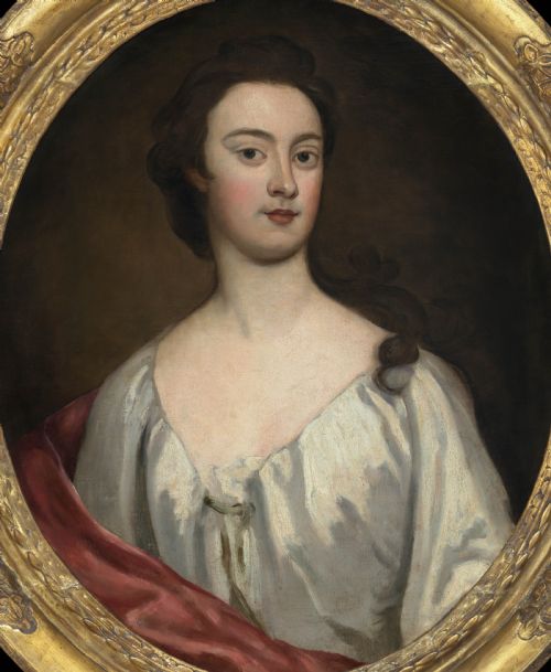 fig 1. An oval 18th-century oil painting depicting a young lady in a white dress and red drape, set within a carved gold gilt frame.