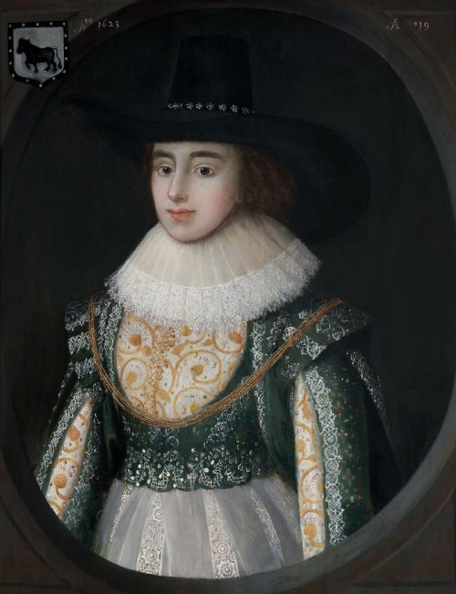 fig 1. A seventeenth-century Jacobean oil portrait on wood panel depicting a woman in a wide-brimmed hat, lace ruff, and embroidered green bodice within a dark frame.