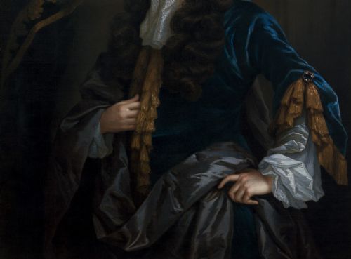 fig 5. A late 17th-century oil painting depicting a gentleman in a blue coat with a long dark wig, set within a carved gilded frame.
