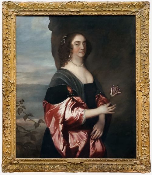 Portrait of a Lady, in a Black Dress with Red Satin Sleeves and Pearls c.1660–1680; Circle of Sir Peter Lely, Oil on canvas painting