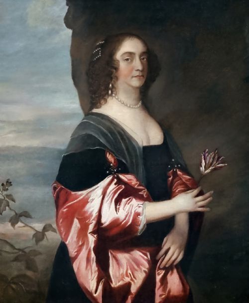 fig 1. A seventeenth-century oil portrait of a lady in a black dress with draped red satin sleeves and pearls, set within an ornate carved gilt frame.
