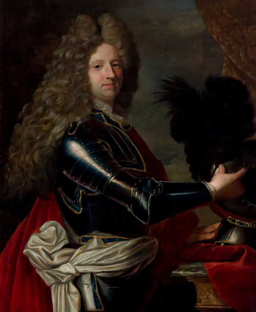 fig 3. An 18th-century oil painting on canvas depicting a gentleman in plate armour and a full wig within a carved gold gilt frame.