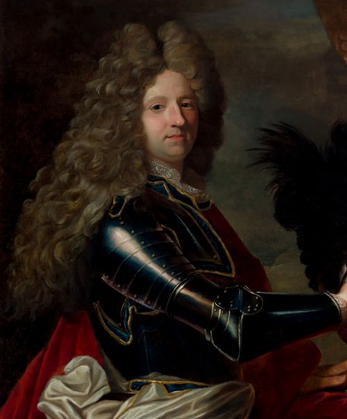 fig 4. An 18th-century oil painting on canvas depicting a gentleman in plate armour and a full wig within a carved gold gilt frame.